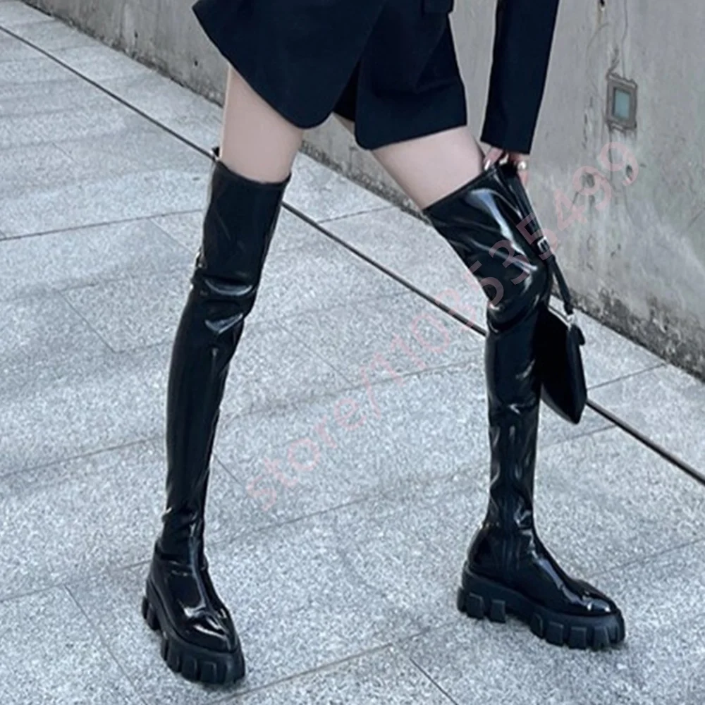 

Black Platform Patent Leather Knight Boots 2026 New Round Toe Model Runway Overknee Boots Street Fashion Sexy Women's Long Boots