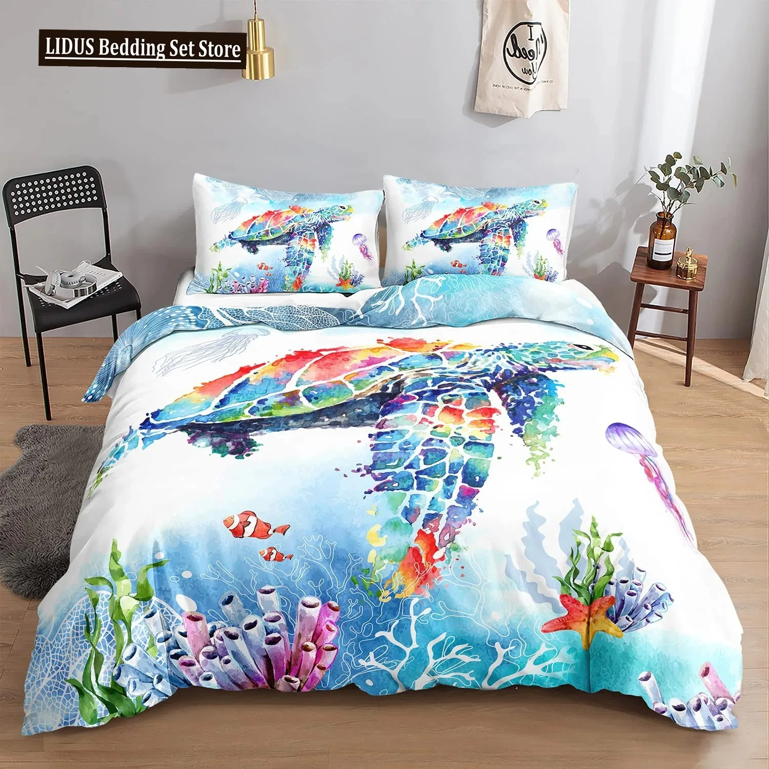 Sea Animals Duvet Cover Set Turtle Print Bedding Sets Queen Size 3D Gorgeous Luxury Comforter Cover Set Marine Life Quilt Cover