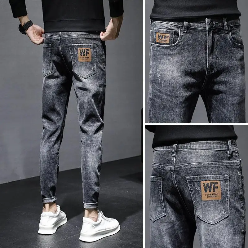 Spring and Autumn Dark Blue Casual Stylish Cargo Denim Harajuku Fashion Designer Clothes Men Slim Boyfriend  Men\'s Jeans Pants