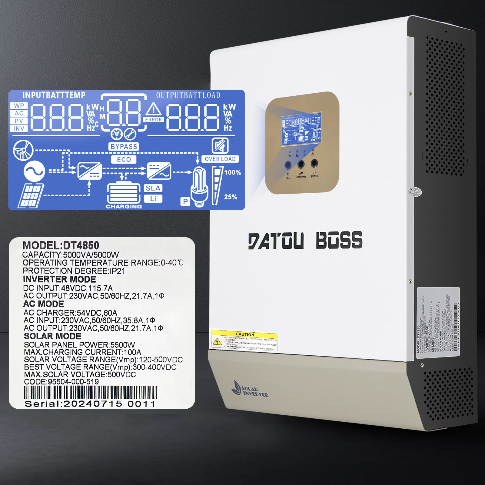 DATOU BOSS 5000W Solar Hybrid MPPT Inverter Pure Sine Wave 50/60Hz Max Charge 100A  Inverters  48V to 240V LCD Display Inverter