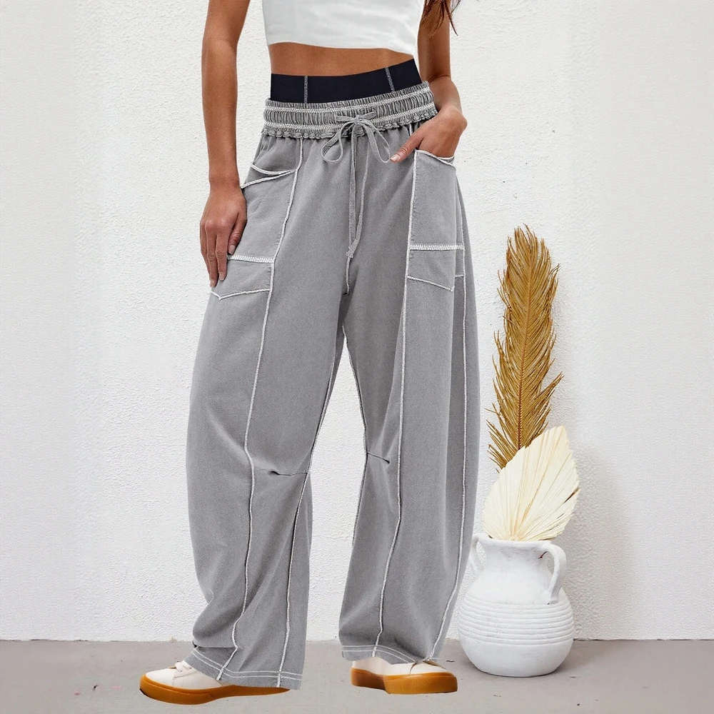 Casual damesbroek met wijde pijpen Herfst Winter Trekkoord Effen Volledige lengte Dagelijks Basic met zakken