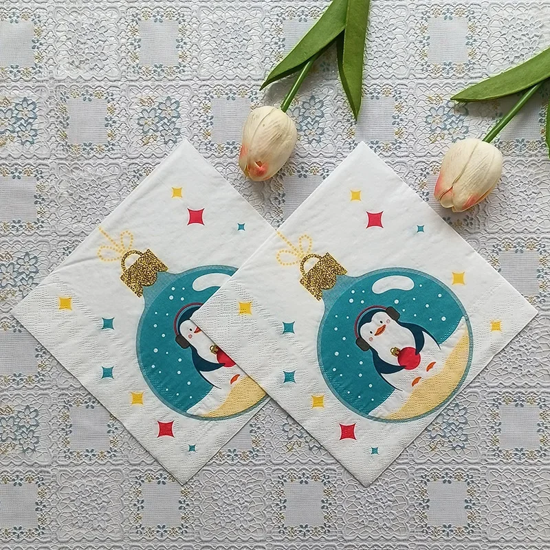 20pcs/Pac 33cm 2-Ply Penguin Light Bulb Christmas Elements Printed Napkins Christmas Party Disposable Paper Placemats