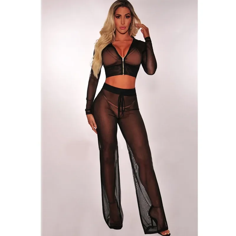 Women sexy transparent Mesh two piece set top and pants 2019 summer 2 piece set club outfits lady tracksuit sportwear sweat suit