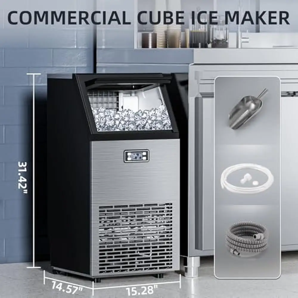 Máquina para hacer hielo de acero inoxidable, 100 libras/24H con contenedor de almacenamiento de 33 libras, cuchara, pantalla LCD, accesorios esenciales, compacto comercial