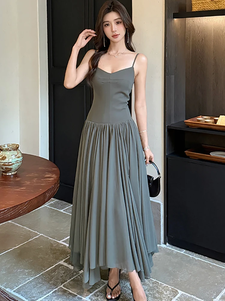 ฤดูร้อนPatchworkจีบA-Lineชุดยาวผู้หญิงสบายๆชุดสลิง 2025 เกาหลีVINTAGE Bodycon Luxury Nightชุด