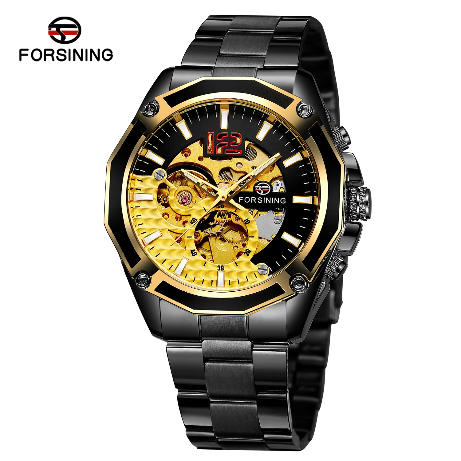 

Fashion Forsining Brand Military Automatic Steampunk Skeleton Self Wind Mechanical Mens Gold Full Stainless Steel Wrist Watches