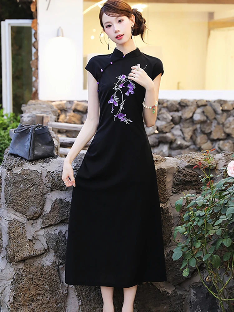 Zomer Zwarte Bloemen Korte Mouw Stand Kraag Jurk Vrouwen Vintage Hepburn Luxe Jurk 2025, Elegante Bodycon Fesitval Lange Jurken