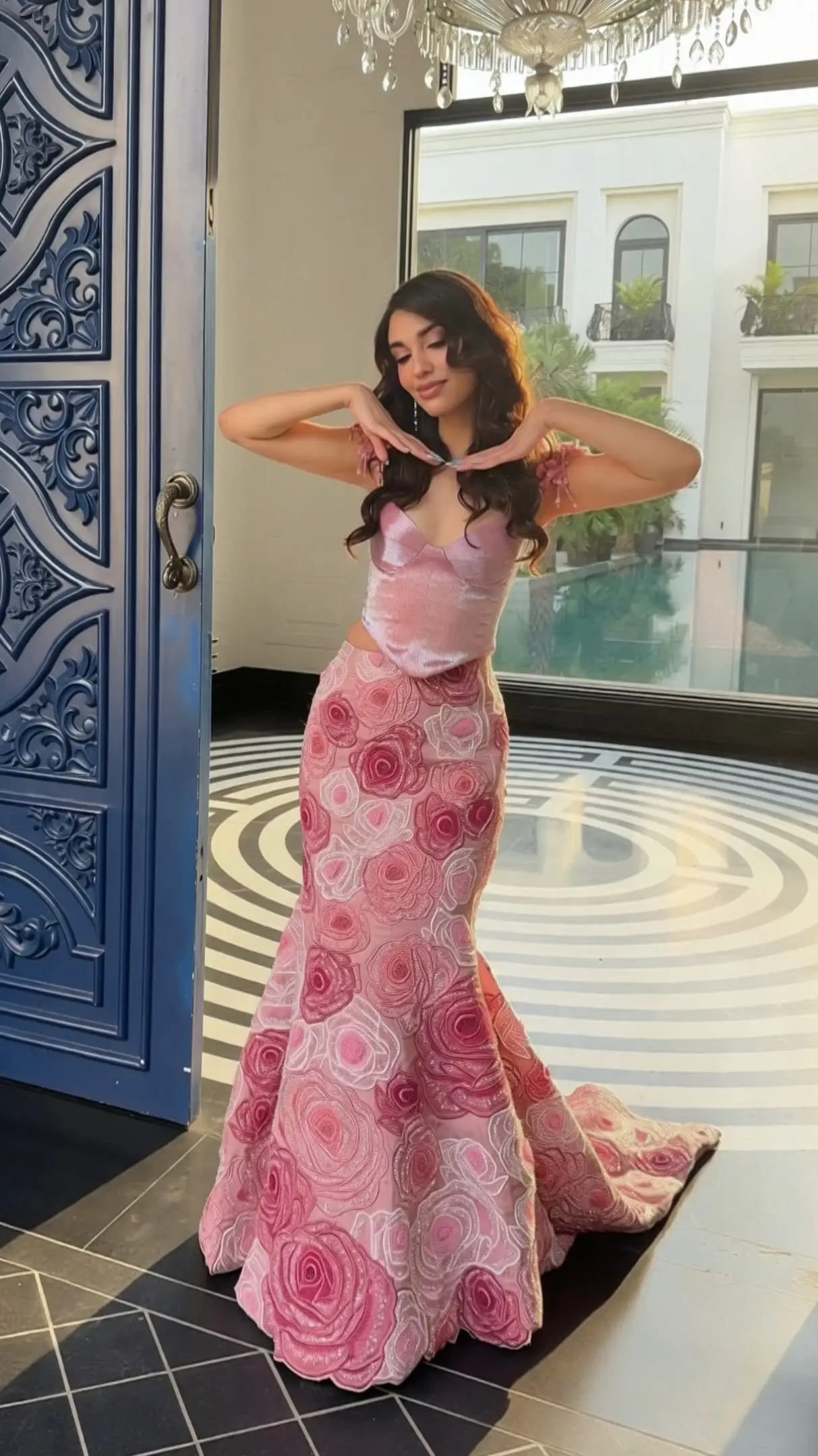 Vestido de Noche LumiGown Personalizado de Terciopelo Rosa Empolvado con Corsé de Encaje, 2 Piezas, Manga Casquillo, Tul con Estampado de Rosas 3D, Estilo Sirena para Fiesta de Gala