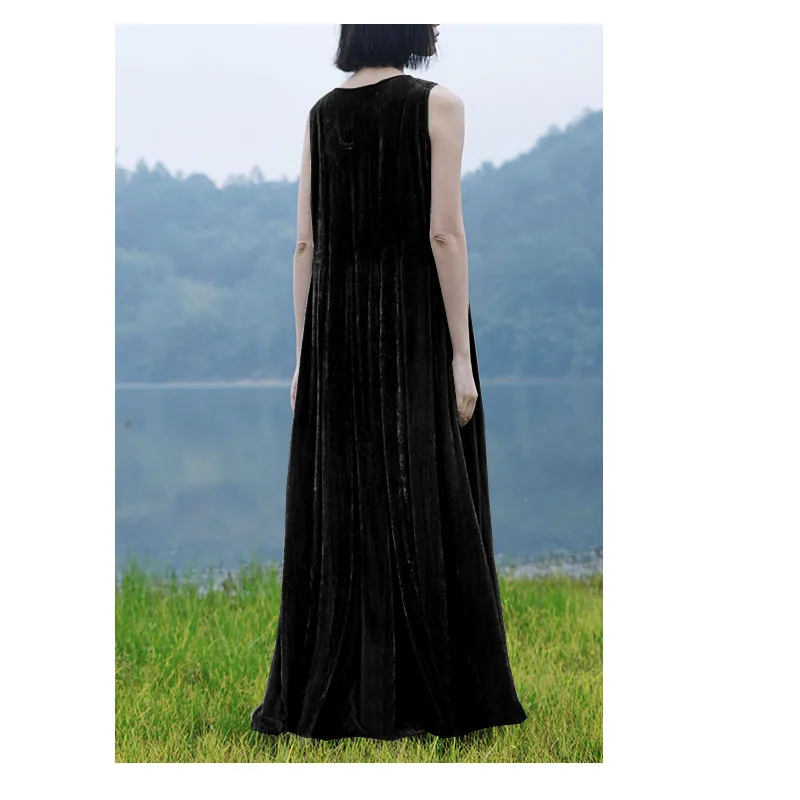 Original Design Spring Summer Women's Mulberry Silk Velvet Vest Long Skirt Temperament Elegant Pleated Large Swing Black Dress