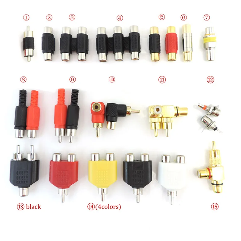 2pcs/lot 15types RCA Male female to 2 male Female RCA Splitter Adapter AV Video Audio T Plug RCA 2 3 way right angel Connector o