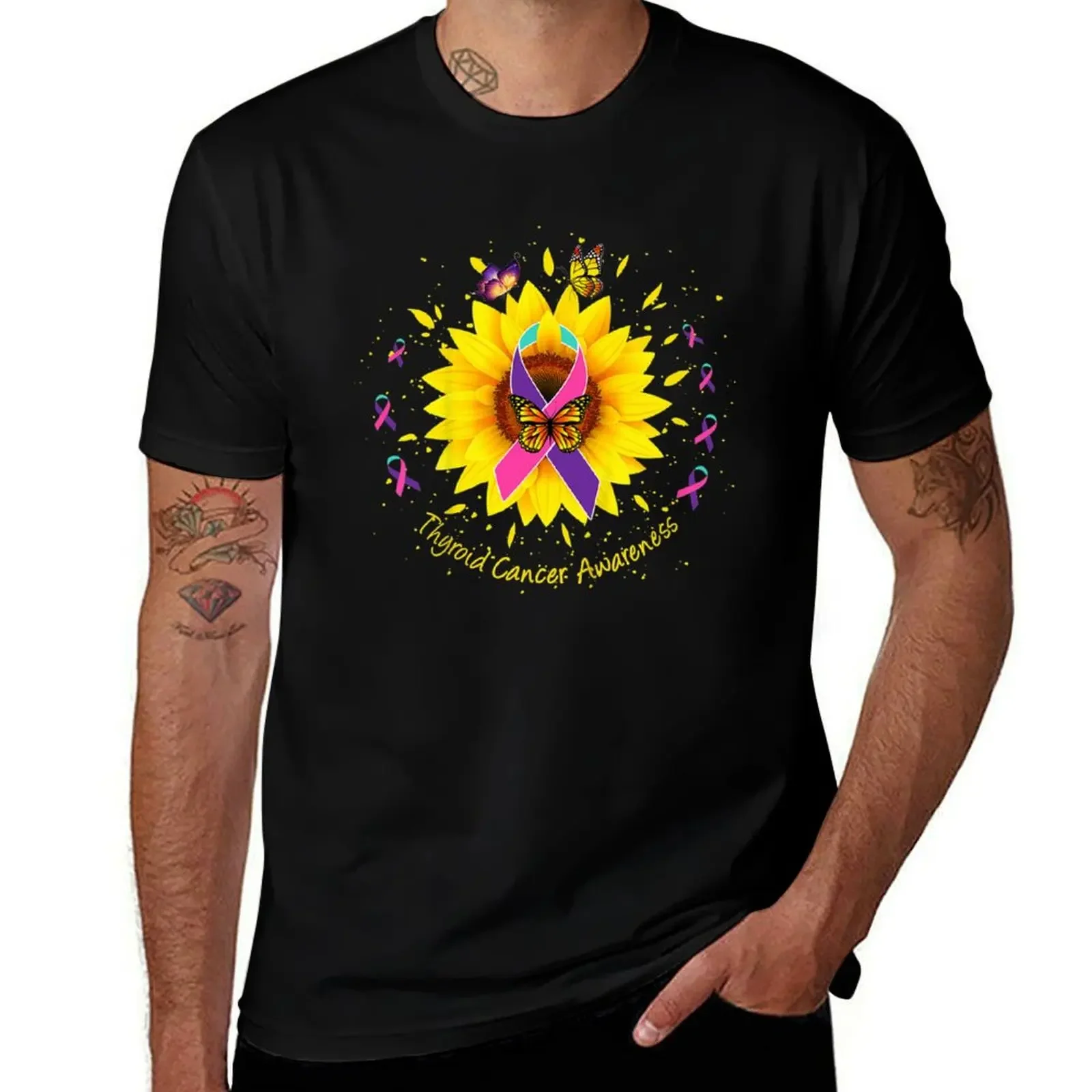 

Thyroid cancer awareness sunflower butterfly gift survivor T-Shirt Luxury man gifts for boyfriend funny t shirts for men