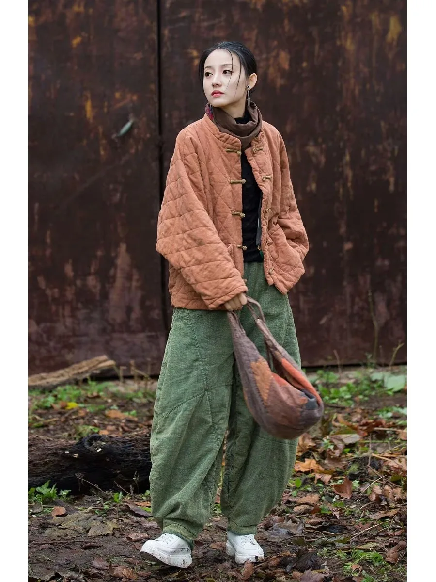 Women's Cotton Linen Jacket New Chinese Style National Trend Button Cotton Coat Thickened Long Sleeve Pure Color Commute