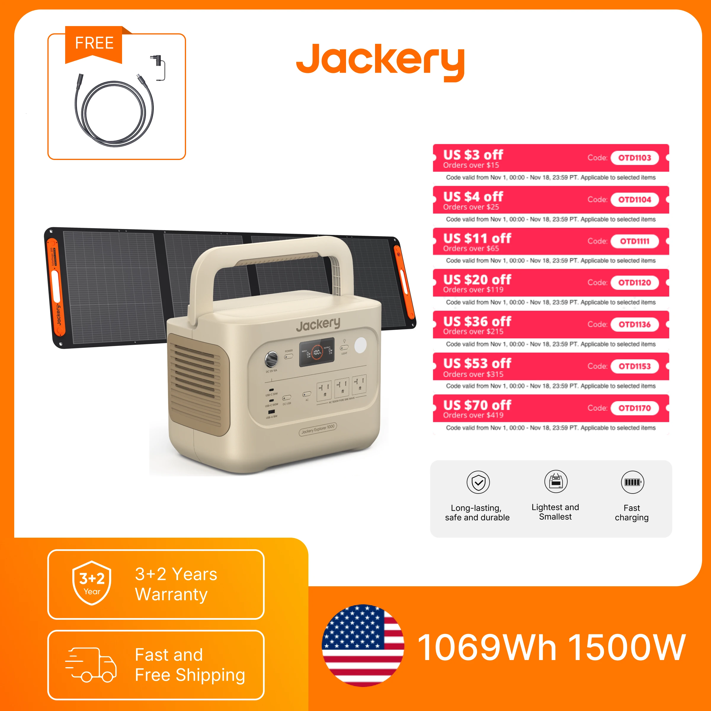 Jackery E1000AC Sand Gold 1050Wh Portable Power Station with 200W Solar Panel & 5m Extension Cable, 1500W Pure Sine Wave AC Output, 3000W Surge, LiFePO4 Battery, 100W USB-C and Fast Recharge for Camping, RV Trips and Home Emergency Backup