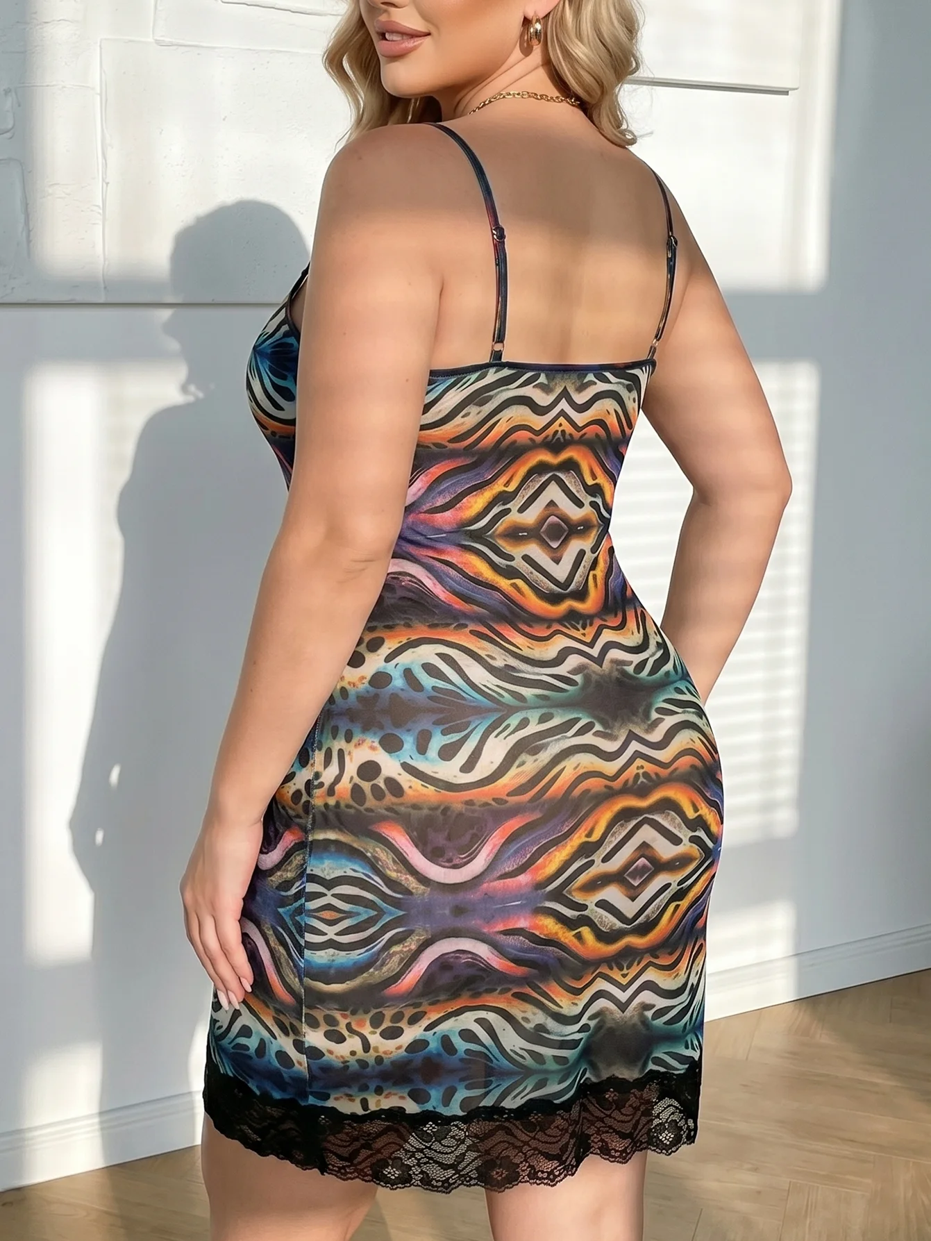 Women Plus Size Colorful Abstract Animal Print Mesh Slip Dress, V Neck Black Lace Trim, Adjustable Spaghetti Straps with Bows