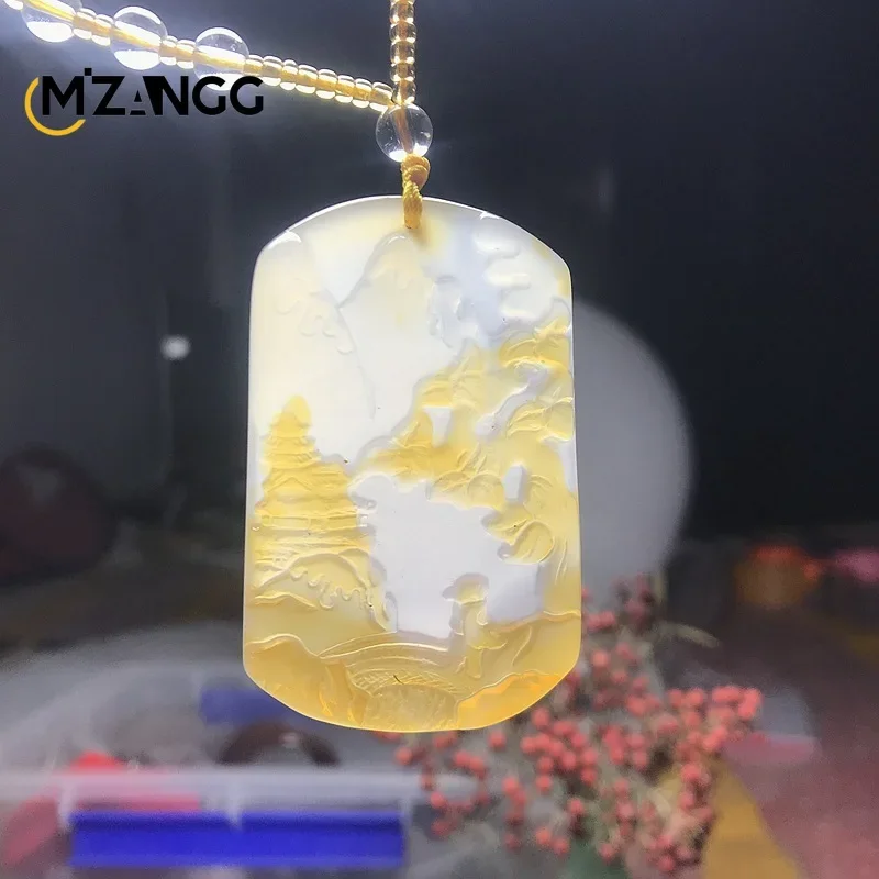 Natural Agate Playful Color Ice Bottom Landscape Pendant Fine Carving Luxury Fashion Necklace Jewelry for Men and Women