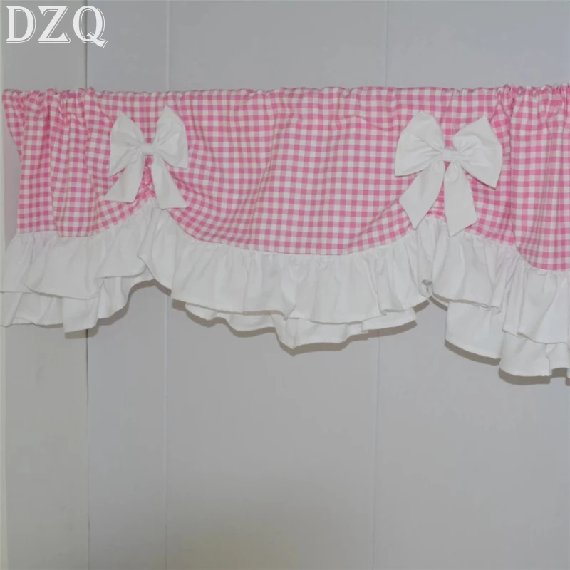 

South Korea Sweet Pink Plaid Short Curtains for Kitchen Japanese White Bow Half Curtain Cloth for Living Room #A635