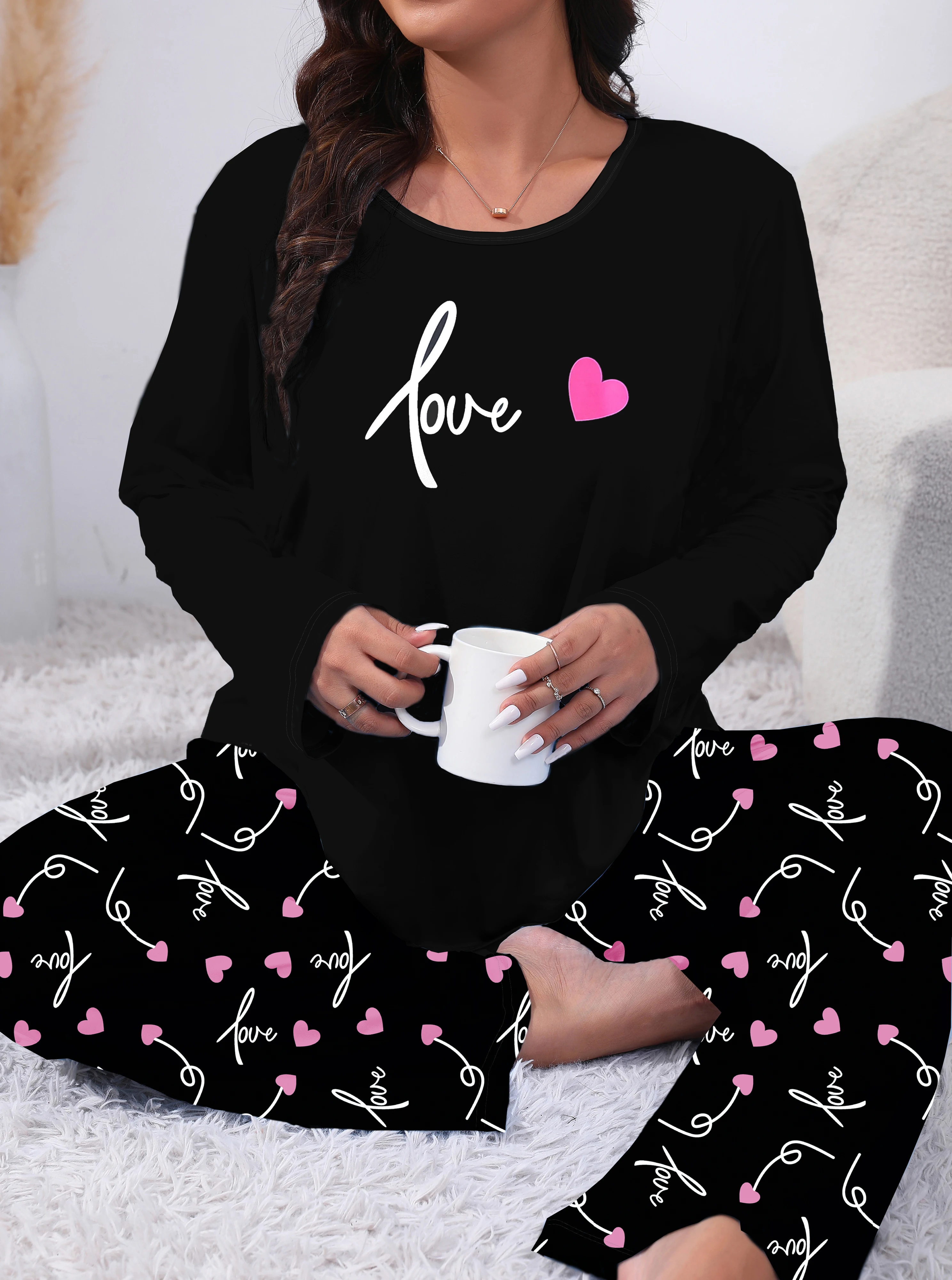 Pyjamas for Women\'s Sleepwear Long Sleeve Shirt with Pants Set &Quality Heart Print Top and Trousers Autumn Sleepwear