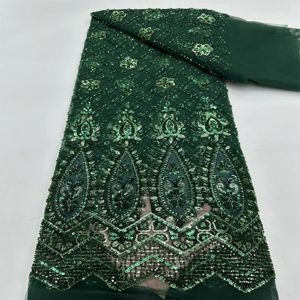 2025 High Quality Fashion African Tulle Embroidered Groom Lace Fabric With Beaded Sequins Lace Fabric For Nigerian Wedding Dress