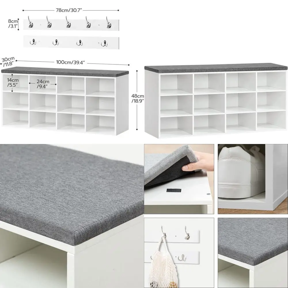 

Белая скамья для хранения обуви в прихожей 39,4 с подушкой и 12 кубиками, вешалка для одежды, вмещает 330 фунтов WT112HX01