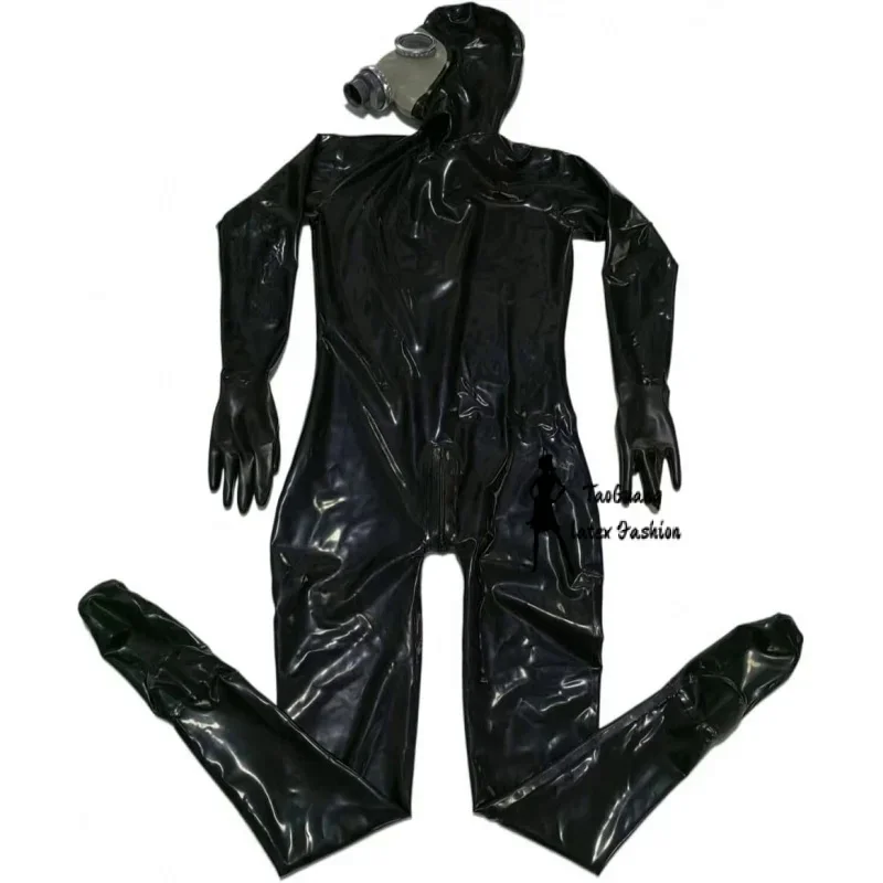 

Black Full Cover Latex Catsuit Fetish Bodysuits Attach Gas Mask with Zipper