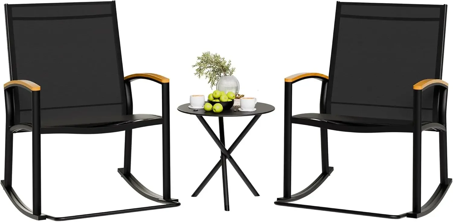 3 Piece Outdoor Rocking Bistro Set Textilene Fabric Patio Furniture Front Porch Chairs Conversation Table Lawn Garden Balcony Po
