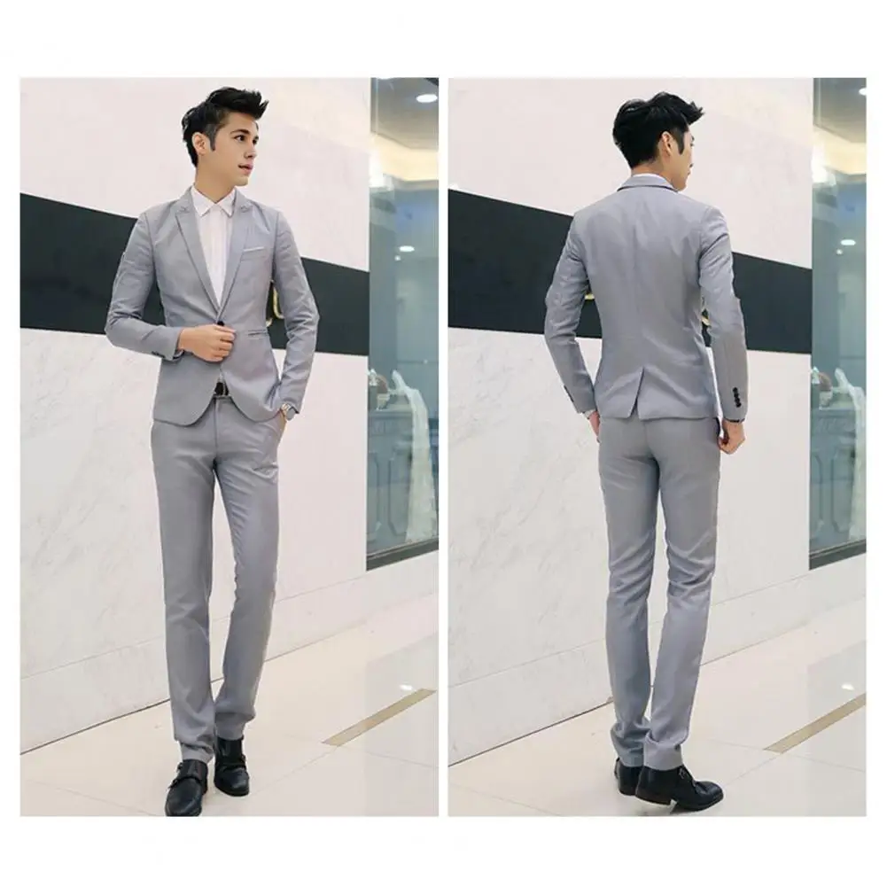 

Men Suit Coat Pants Set Slim Fit Men's Suit Set Lapel Coat Mid-rise Pants Solid Color Workwear with Neat Shoulder Lines Handsome