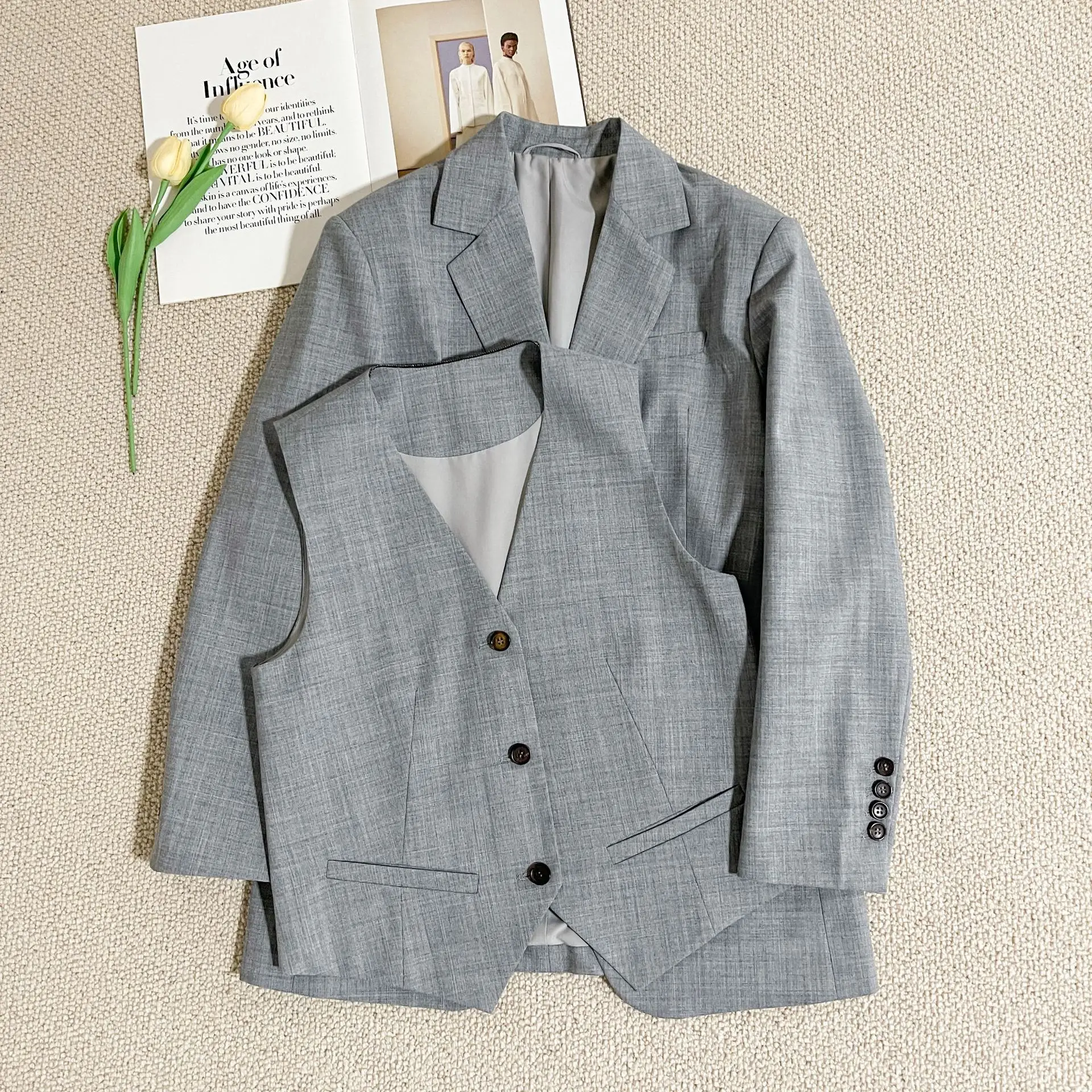 2024 Light Luxury New Gray Herringbone Suit Three-Piece Wool Casual Comfortable Suit Versatile Women