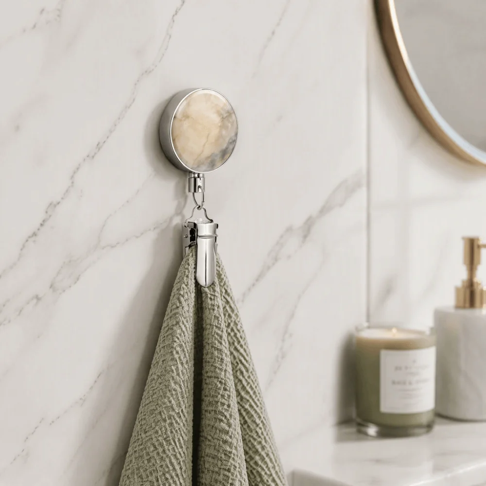 Stainless Steel Retractable Towel Clip Self-Adhesive Punch-Free Metal Hanging Clip Marble-Pattern Retractable Reel Hook Bathroom