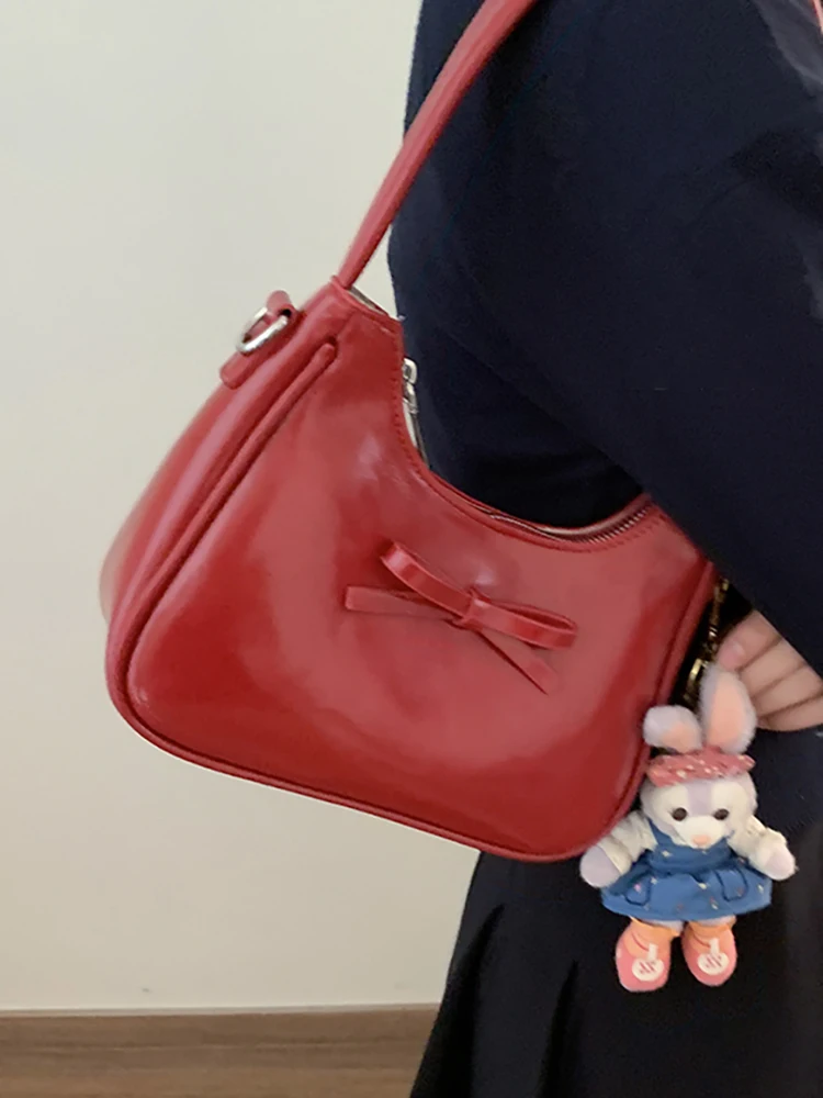 Summer Sweet Bow Underarm Bags For Women Fashion Red Handheld Small Square Pack Versatile Female One Shoulder Crossbody Bag