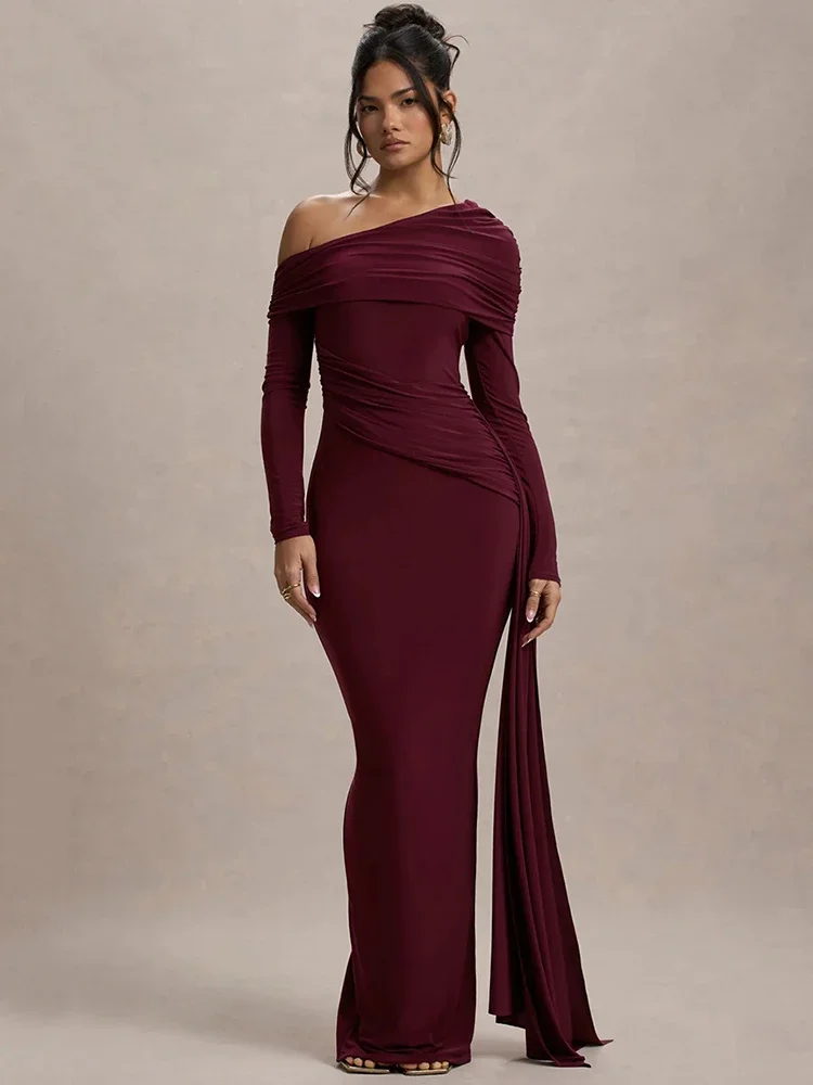 

Skew Collar Long Sleeve Sexy Maxi Dress For Women Gown Fashion Backless Draped Ruched Bodycon Club Long Dress Elegant