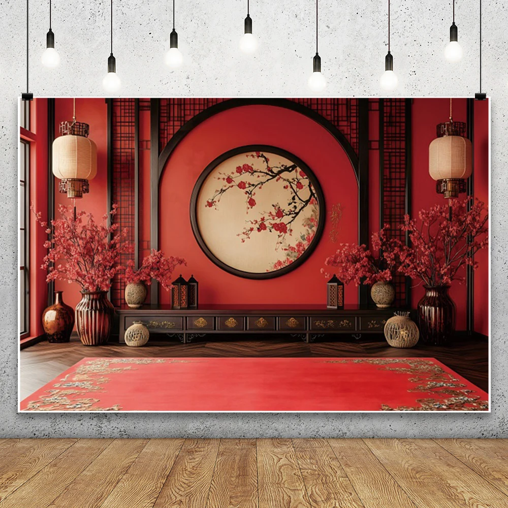 Red Chinese Style Wedding Party Backdrop Ancient Architecture Screen Flower Lantern Oil Paper Umbrella New Year Decor Background
