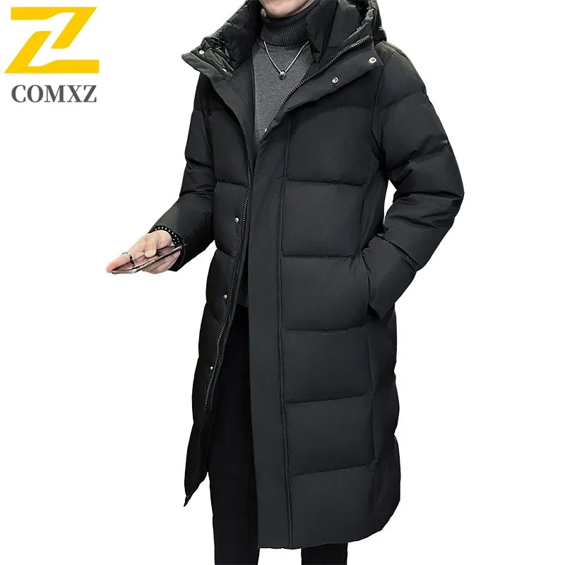COMXZ Casual Hooded Men Down Jacket Commuting Office Thick Warm Parka Pure Color Exploration Cold Protection Winter Down Coat
