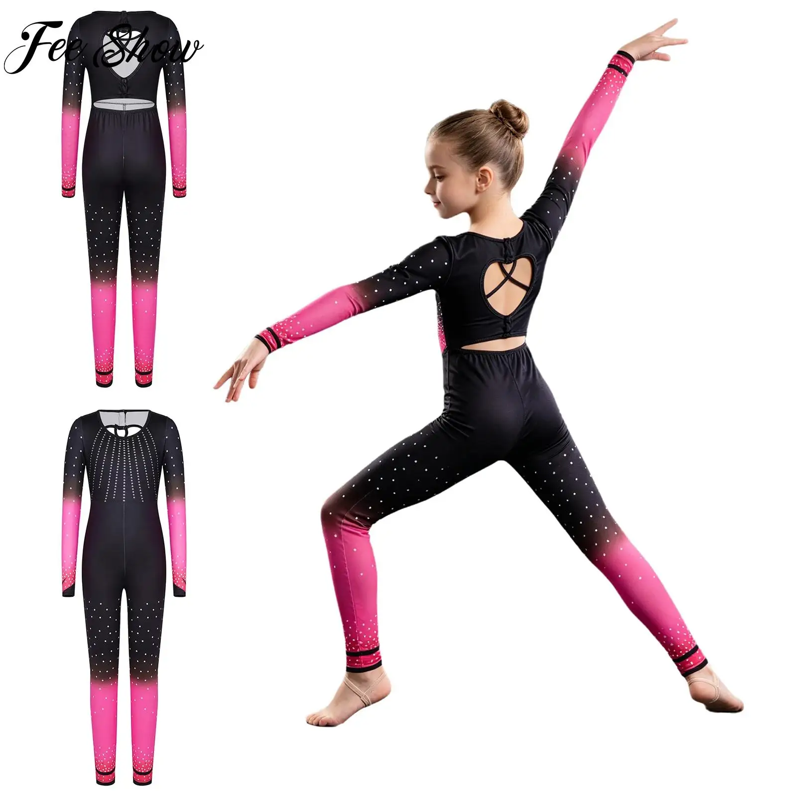 Kids Girls Dots Print Gymnastics Figure Skating Jumpsuits Long Sleeve Cross Cutout Back Full Length Yoga Sports Full Bodysuits