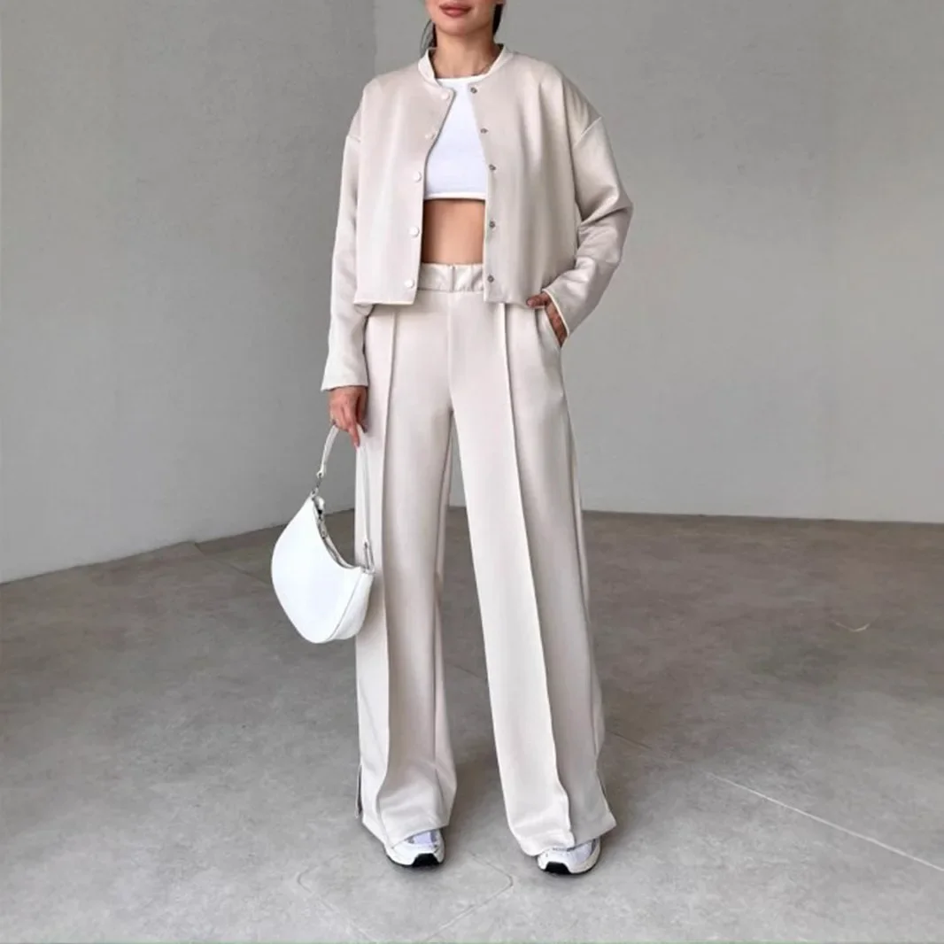 

Jacket Suit Women 2 Piece Sets Coat Wide Leg Pants Ensemble Round Collar Zipper Autumn 2025 Trousers Outfits Office Lady