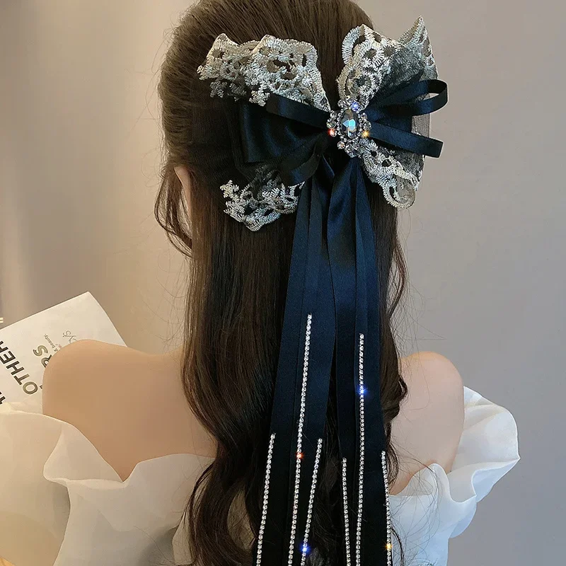 Pinzas para el pelo de cristal con borlas coreanas para mujer y niña, horquillas con lazo de tela, Clip de primavera, pasador elegante, accesorios