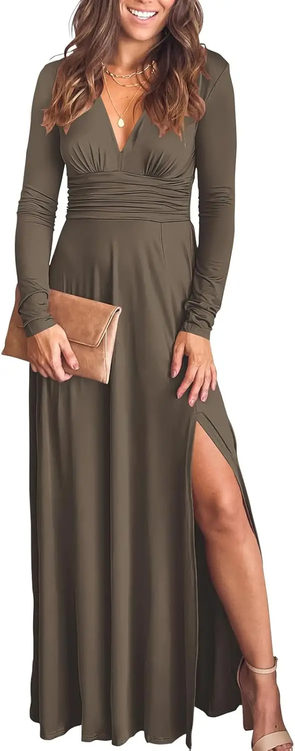 Aライン レディース ディープVネック 長袖 スリット入り 2025年秋 エレガント フォーマル 結婚式 ゲスト カクテル イブニング デート プロム マキシ丈 ロングドレス