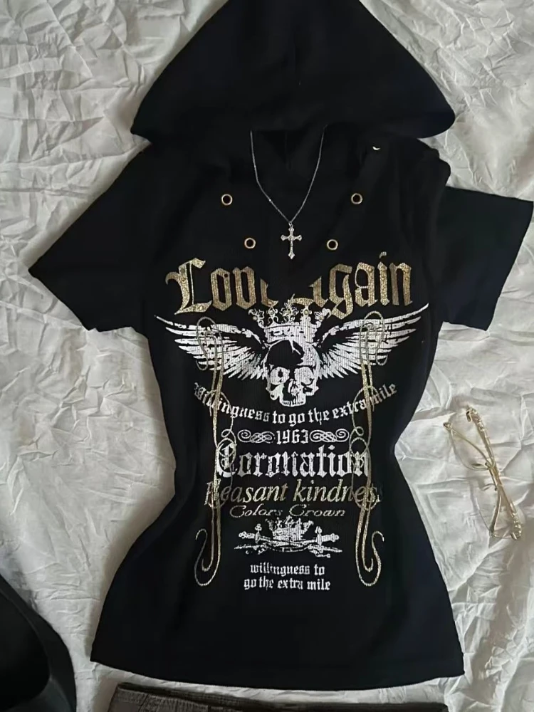 여름 신상 반팔 라펠 슬림 티셔츠 여성 디자인 헵번 Y2k 프린트 탑 여성 고딕 빈티지 스키니 핫걸 블라우스