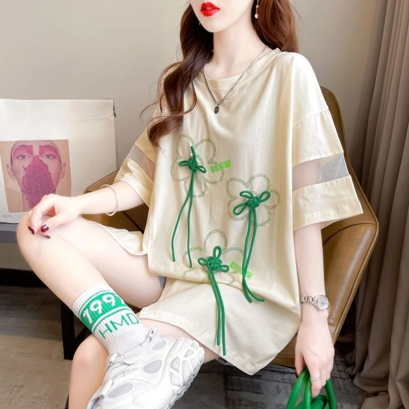 

Женская футболка-топ в корейском стиле с коротким рукавом, свободного кроя, средней длины, с бантом, для лета 2026 года
