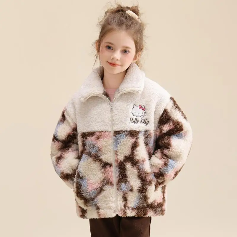 

Sanrio Hello Kitty Girl Coat Children Winter Thickening Keep Warm Hooded Tops Kawaii Anime Versatile Leisure New Style Clothing