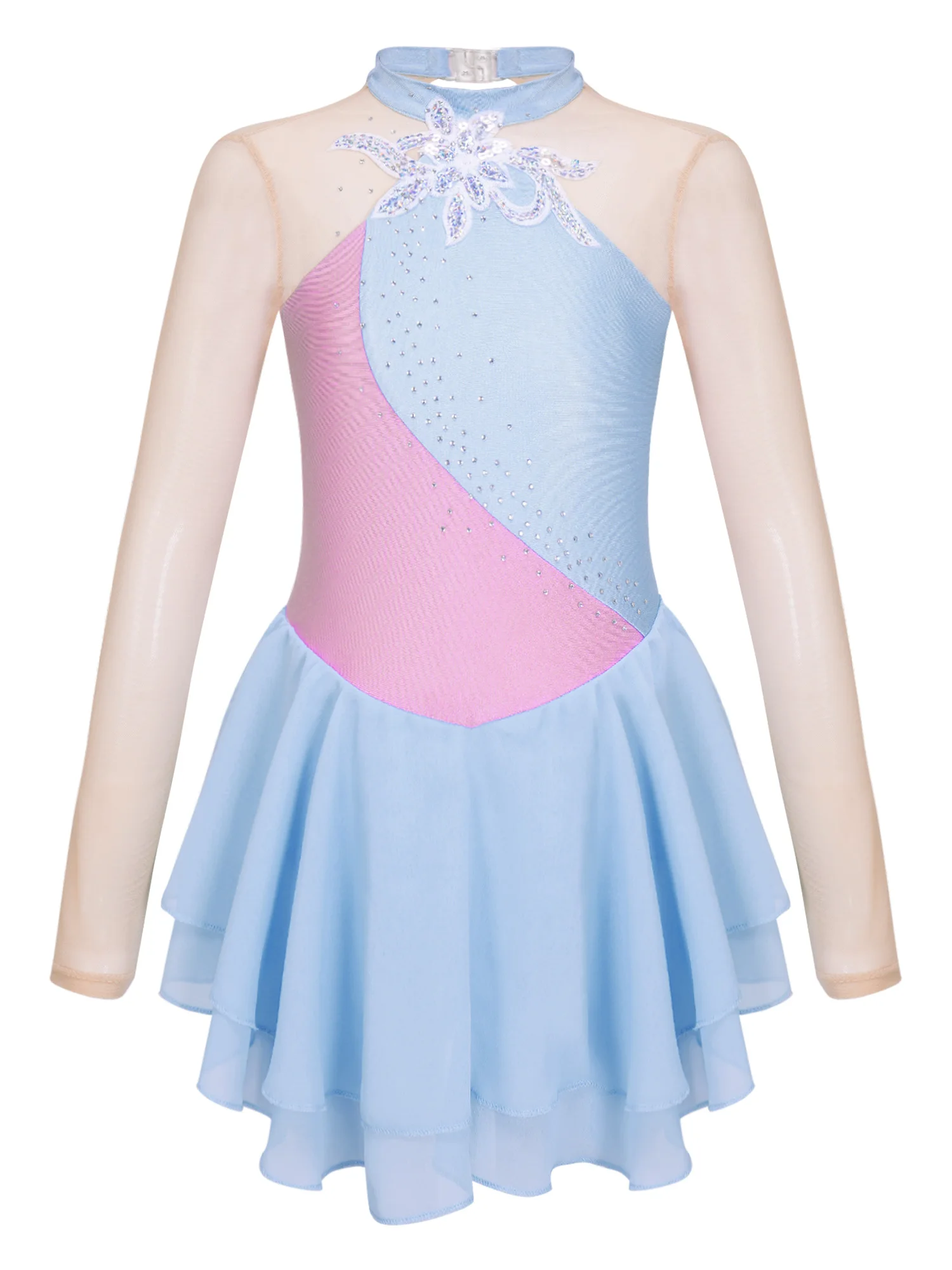 Ropa elegante para niños y niñas, vestido de manga larga con cuello redondo, lentejuelas brillantes con diamantes de imitación, decorado Floral,