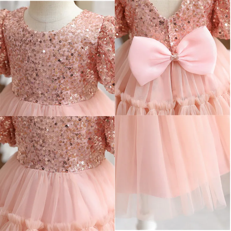 Cute Girl Pink Fluffy Princess Dress Flower Girls Sequined Dresses For Wedding 1-5T Kids Birthday Party Puff Sleeve Tulle Gown