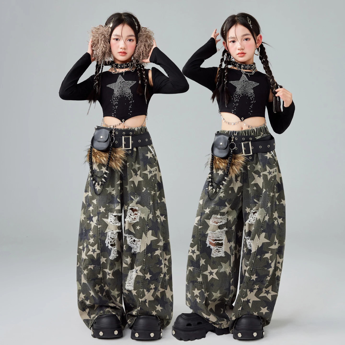 2026 الأطفال الهيب هوب أزياء رقص للفتيات المحاصيل القمم السراويل التمويه Kpop وتتسابق الحديثة الجاز الرقص مرحلة الملابس DQS21703