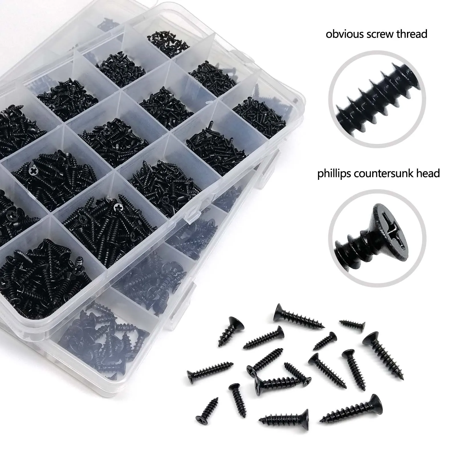 1 Kit Black Steel Cross Phillips Flat Countersunk Head Self-tapping Wood Screw Mix M1 M1.2 M1.4 M1.7 M2 M2.6M3 M4 Assortment Set image 2