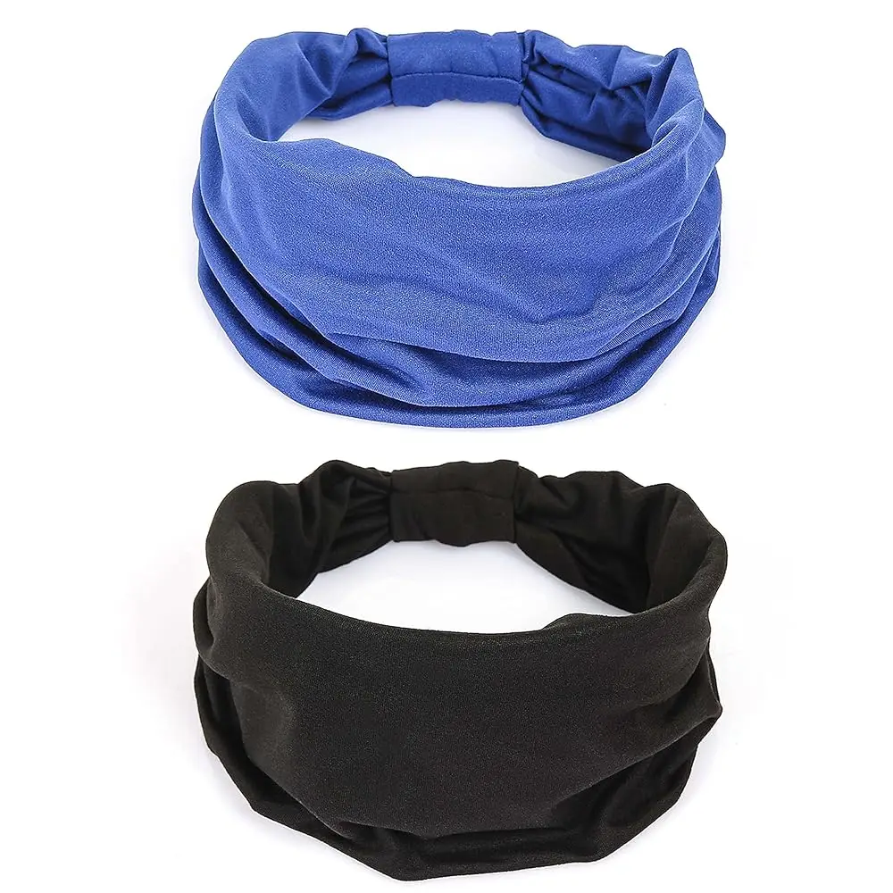 

2 Pack Black Wide Headbands for Women - Thick Stretchy Non Slip Fabric Sweat Bands, Soft Hair Bands for Workout, Running, Spa