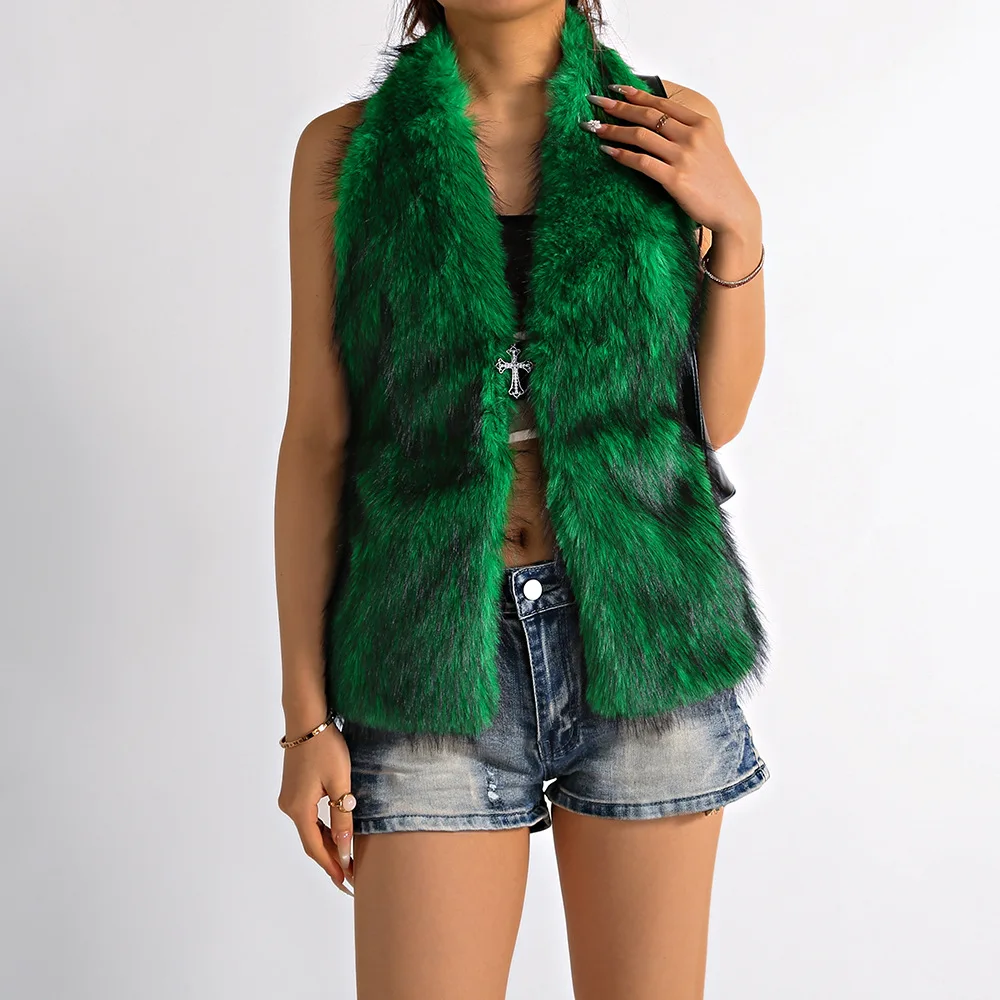 

Sexy Faux Fur Women's Vest Deep V-neck Halter Sleeveless Backless Lace Up Female Vests 2026 Spring Winter Fashion New Lady Coat