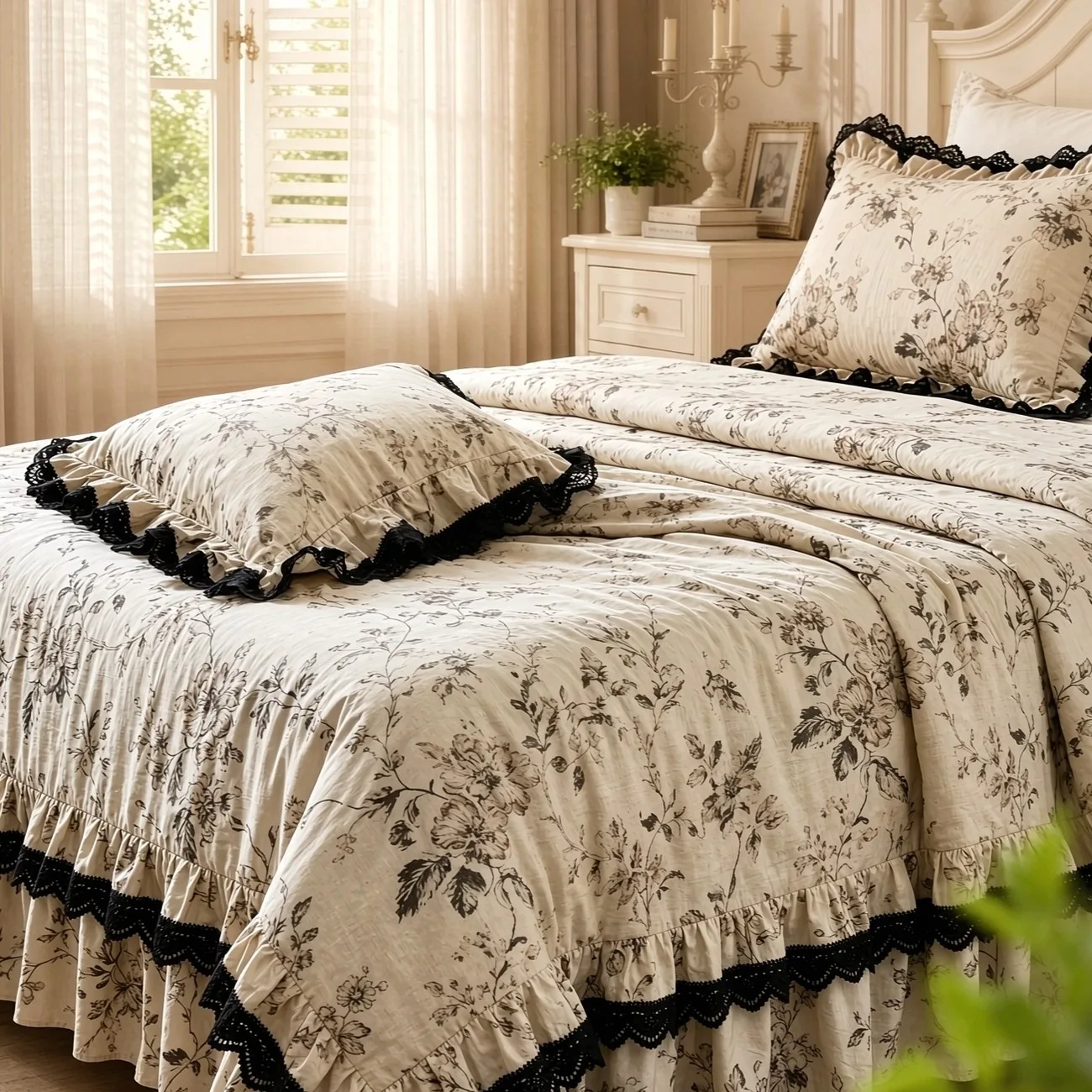 French Vintage Princess Duvet Cover Set 4 Pcs Black Floral Lace Ruffle Bed Skirt Cotton Linen Shabby Chic Bedding Set