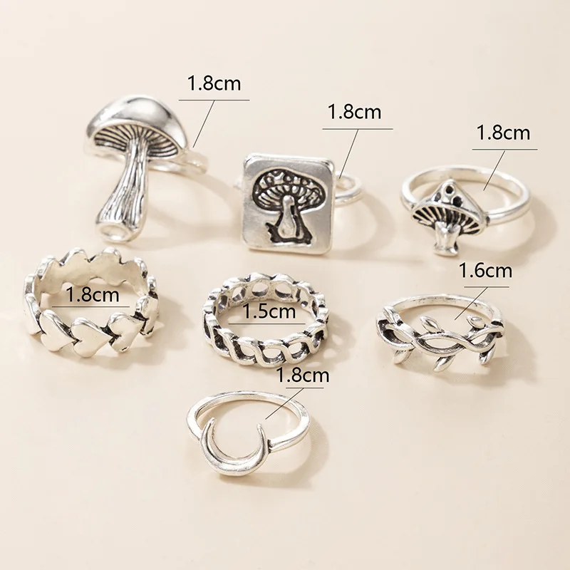 7Pcs/Set Vintage Goth Mushroom Rings For Women Punk Silver Color Heart Moon Geometric Finger Ring Set Goblincore Gothic Jewelry