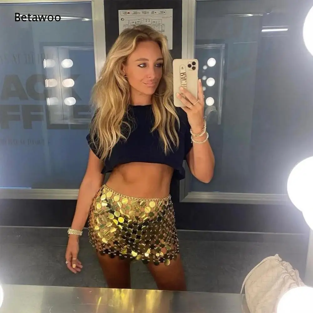 Sparkling Sequin Chain Link Mini Skirt Club Night Party Fringe Short Bottoms