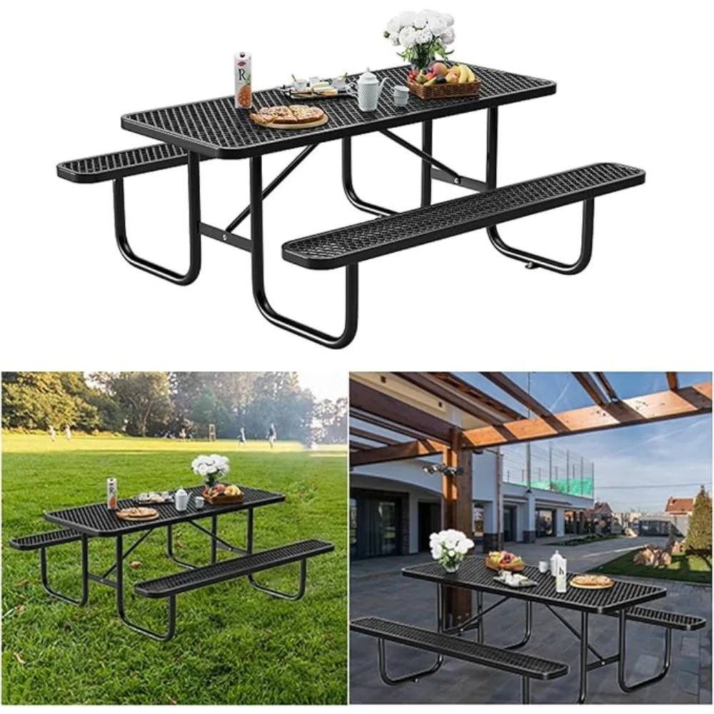 

6FT Steel Rectangular Picnic Table with Metal Benches, Lifetime Picnic Table, Outdoor Furniture, Picnic Tables