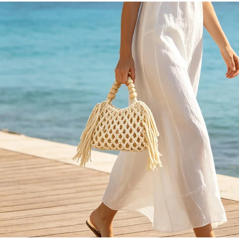 Boho Häkel-Handtasche mit Aushöhlungen und Quasten, Holzperlen-Griff, Gewebte Strandtasche, Sommer-Urlaub Strohtasche, Damen Casual Schultertasche – Detail 13